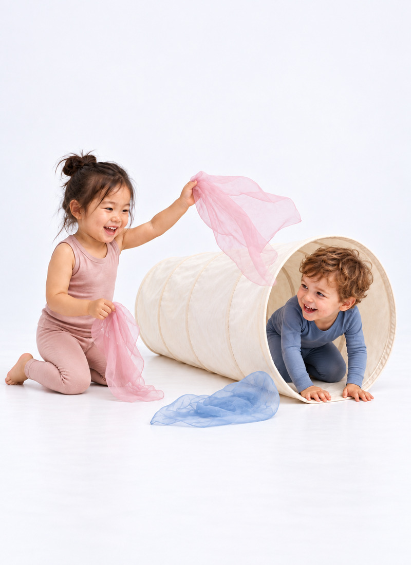 Two joyful toddlers play with colorful sheer scarves around a cream-colored fabric tunnel against a seamless white background. A little girl in a pink outfit waves a pink scarf while a smiling boy in blue crawls out of the tunnel.