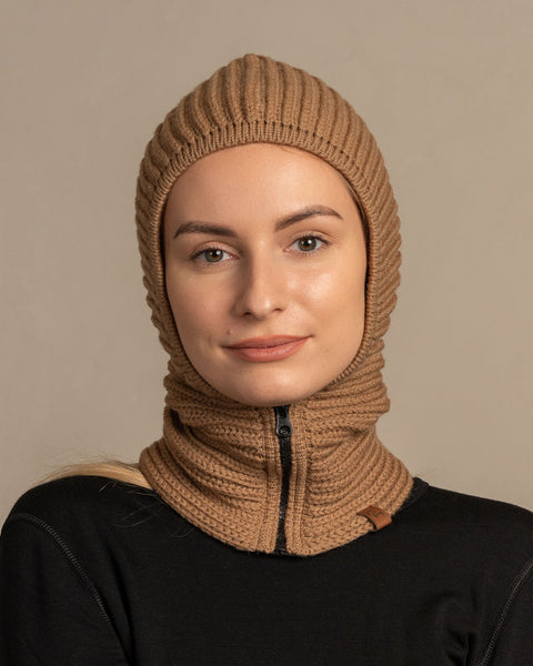 Women&#39;s Hood Zipper Balaclava Knitted Merino in caramel brown