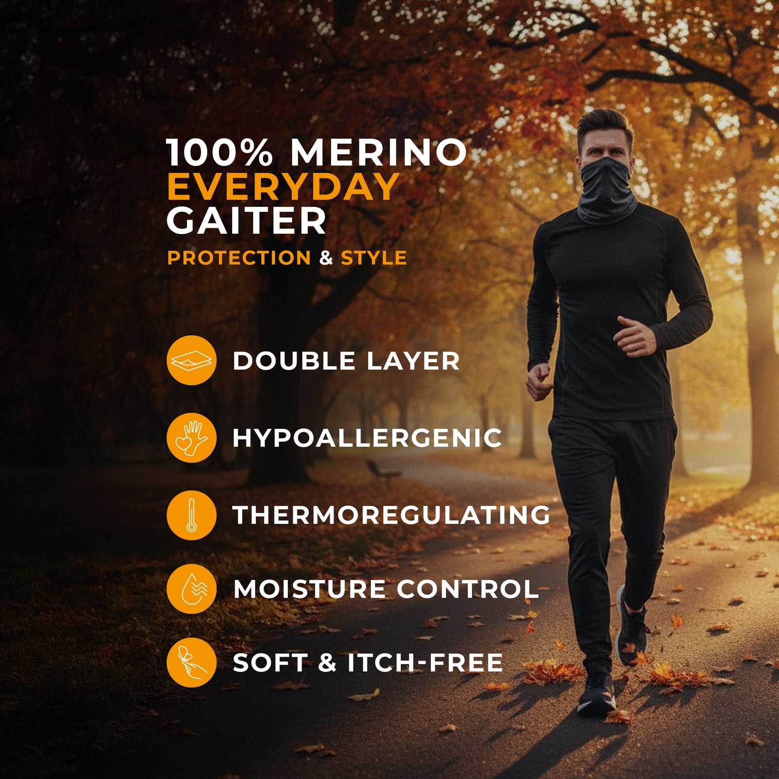 A man wearing the menique unisex denim neck gaiter. He is outside, wearing a matching color long sleeve merino top.