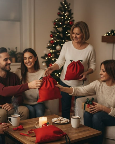 Family gathered around a Christmas tree with red gift bags and cookies on a table.