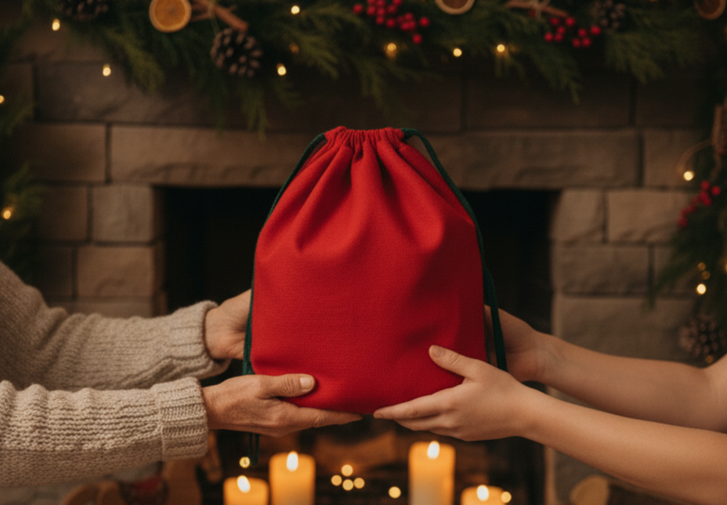 Red gift bag being handed over with a festive background of candles and greenery.