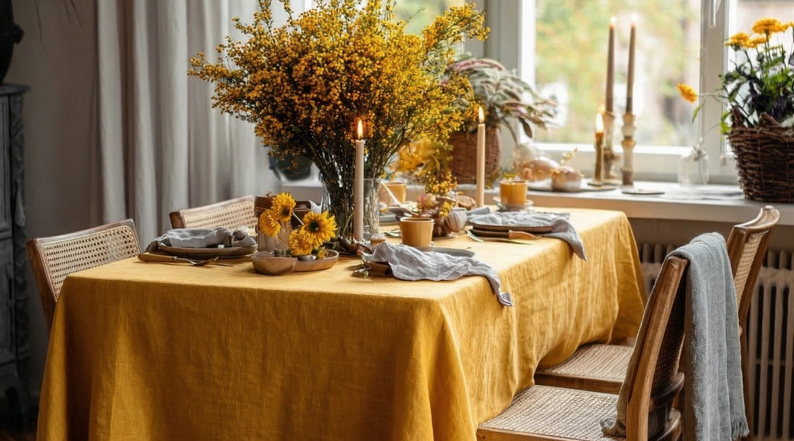 Rustic dining table with mustard linen tablecloth, candles and autumn floral centerpiece