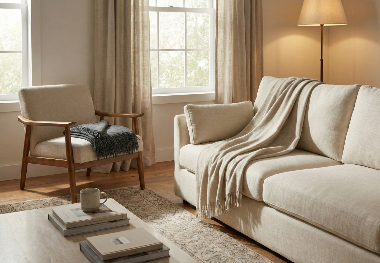 Bright, cozy living room with a neutral-toned sofa and armchair, soft wool throw blankets, wooden furniture, a floor lamp, and natural light coming through large windows for a calm, minimalist home feel.