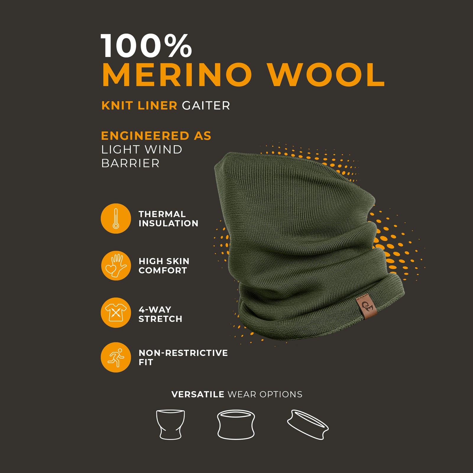 Woman in red shirt with dark gray knitted Merino wool gaiter pulled up over the face, side view.