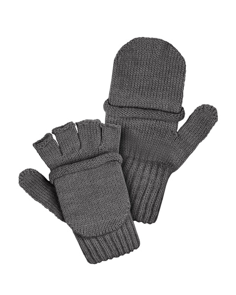 The menique kids&#39; convertible merino gloves in dark gray color. They are in a white background. One side has a convertible flap, and the other shows the hollow fingertips.