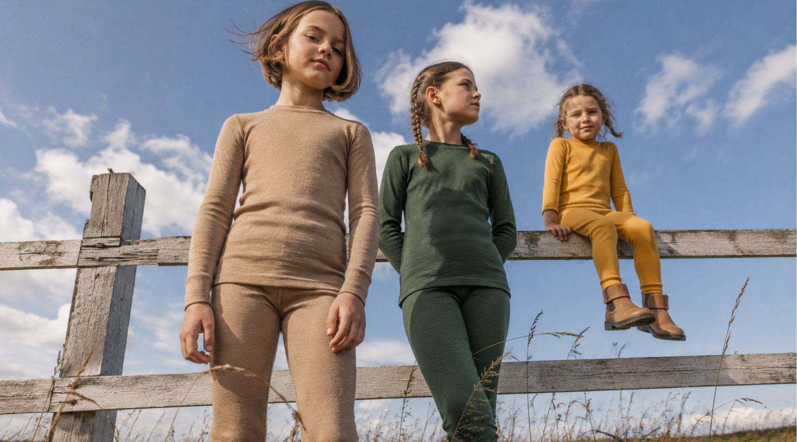 Three children wearing matching long-sleeve and matching pants sets in beige, green, and mustard yellow, standing and sitting on a rustic wooden fence against a blue sky with clouds.