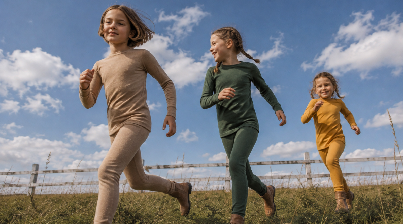 Three children running outdoors in a grassy field under a blue sky with clouds, wearing matching long-sleeve one-piece outfits in beige, green, and mustard yellow.