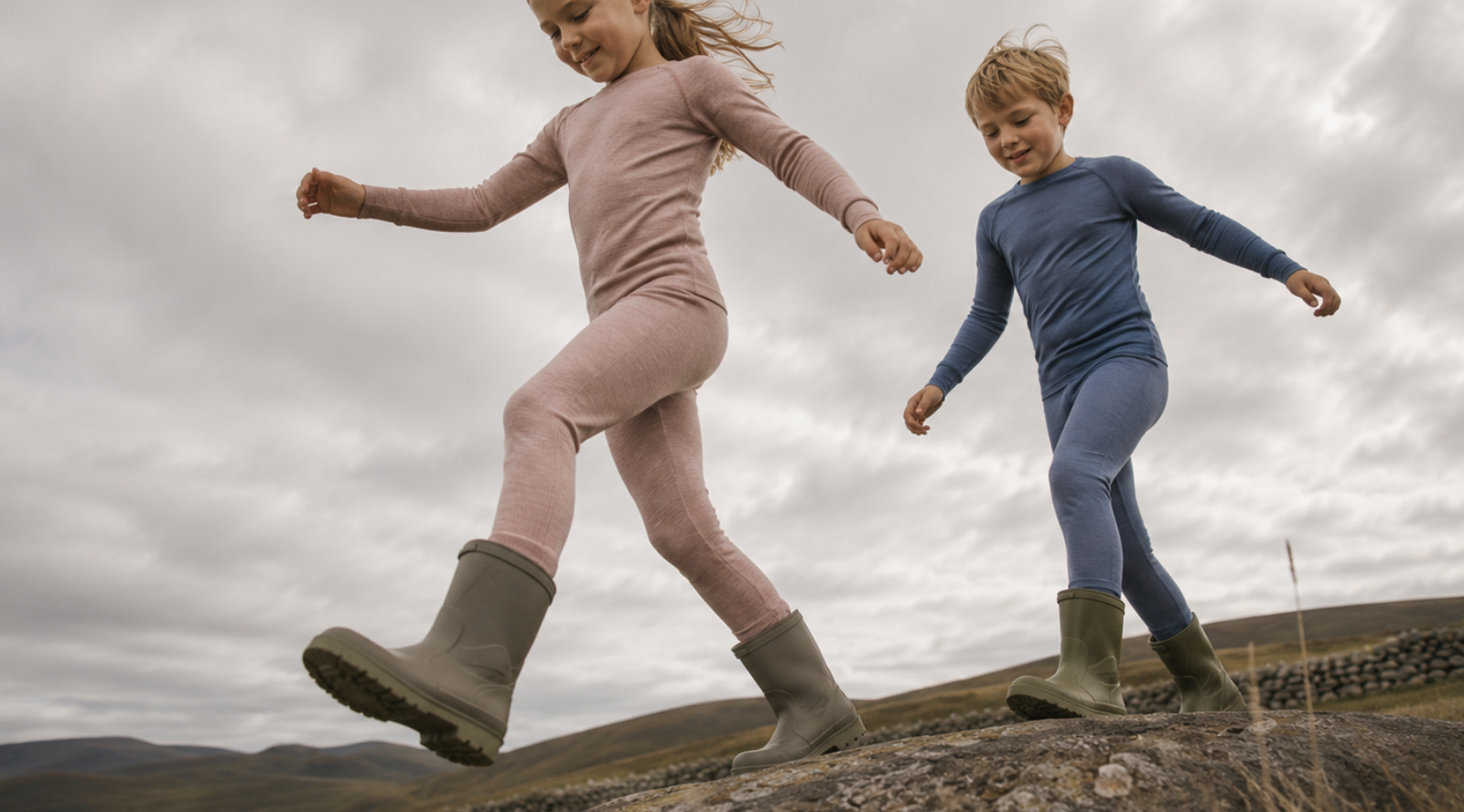 Two children running outdoors in matching long-sleeve one-piece outfits, one in dusty pink and one in slate blue, paired with green boots under an overcast sky.
