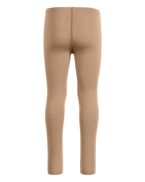 The menique 160gsm merino kids&#39; pants in beige color back view.