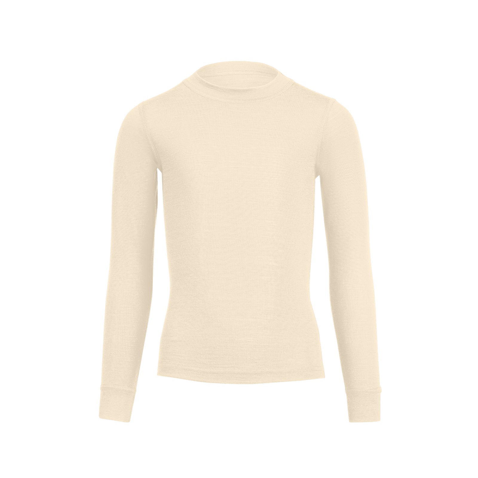 A girl sitting in a yellow armchair, with her legs crossed, wearing the natural color menique long sleeve merino 160gsm top in natural color. 