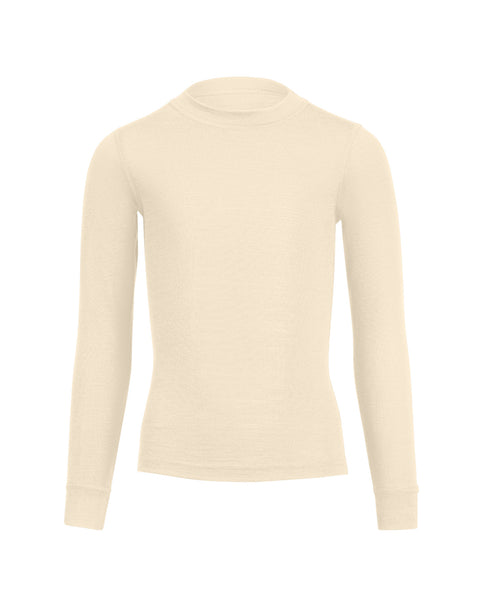 A menique long lseeve 160gsm merino kids&#39; top in natural color, front view.