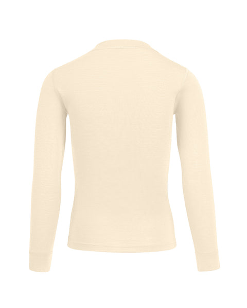 A menique long lseeve 160gsm merino kids&#39; top in natural color, back view.