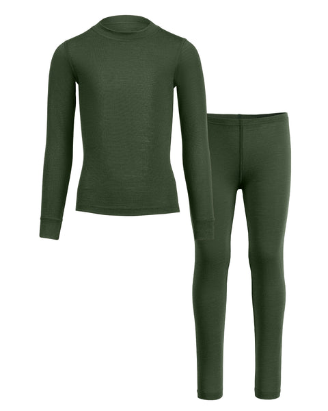 Kids&#39; 160 Long Sleeve &amp; Bottom 2-Piece Dark Green, front view.