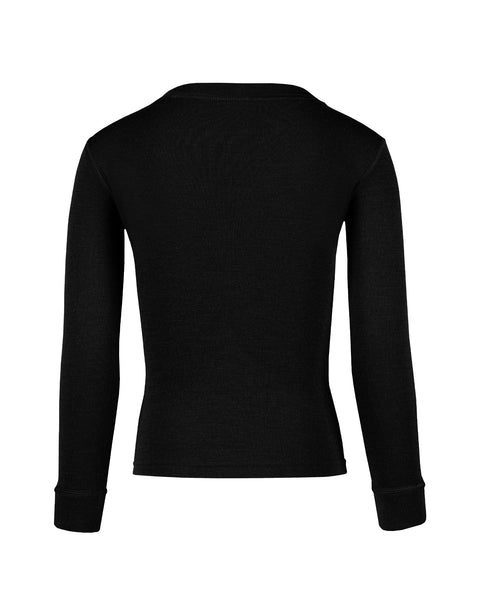 Back view of the kids&#39; menique merino 250gsm long sleeve top, in black color, white background.