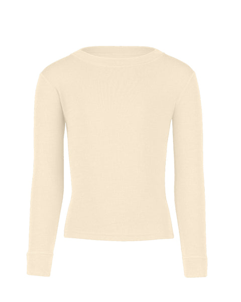 Front view of the kids&#39; menique merino 250gsm long sleeve top, in natural color, white background.