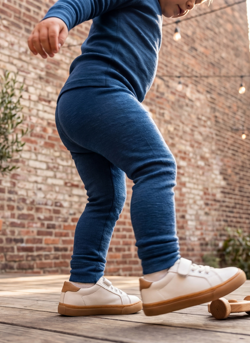 A close-up shot focusing on the legs and lower torso of a young child stepping on a wooden deck. The child is wearing blue fitted pants and white sneakers with velcro straps, with a small wooden toy visible near their feet.