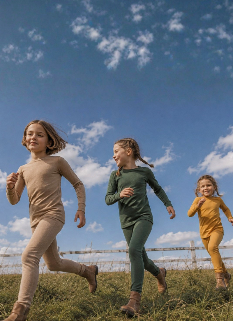 Three children running outdoors on a grassy field under a blue sky with white clouds, wearing matching long-sleeve and matching leggings sets in beige, green, and mustard yellow.