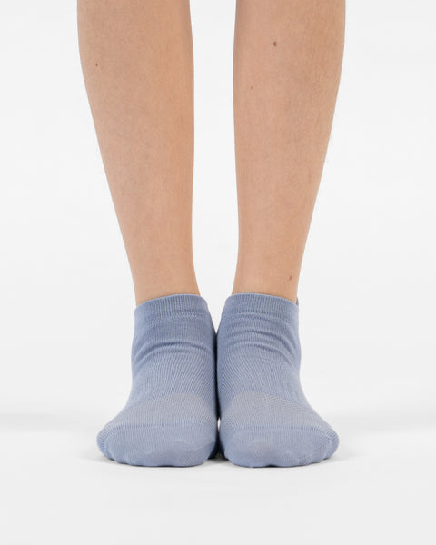 A front-facing view of a person's lower legs and feet standing flat on a white surface, wearing dusty blue cotton ankle socks.