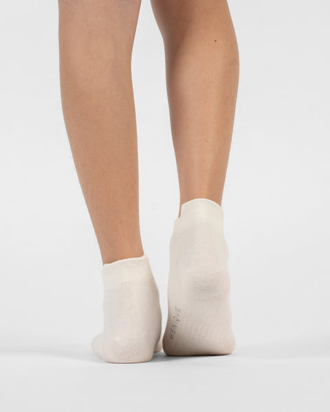 A back view of a person's lower legs and heels standing flat, wearing natural white cotton ankle socks with branding visible on the sole of the right foot.