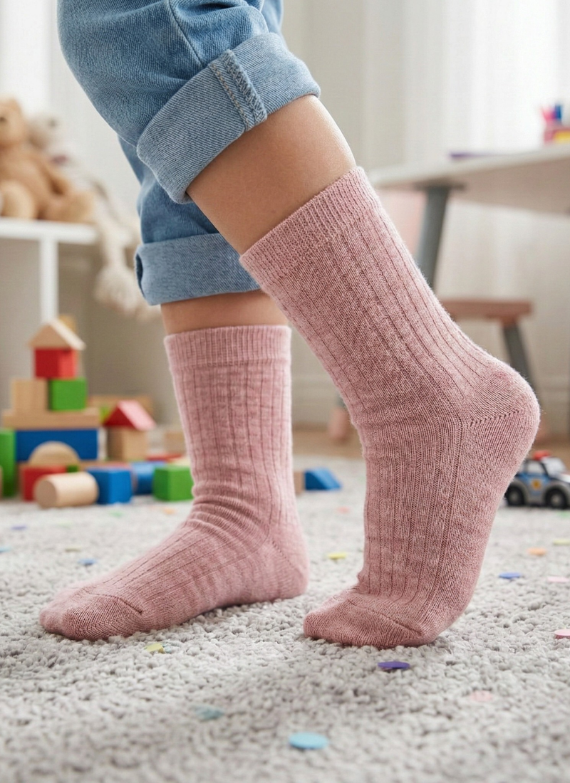 Child wearing dusty pink merino wool ribbed crew socks while playing indoors, soft breathable temperature-regulating socks for everyday comfort