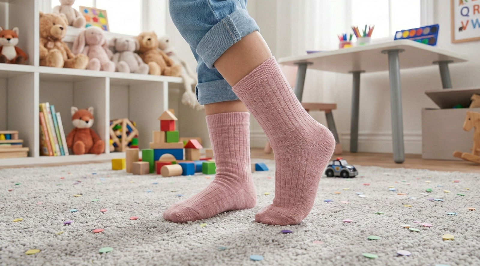 Child wearing dusty pink merino wool ribbed crew socks while playing indoors, soft breathable temperature-regulating socks for everyday comfort