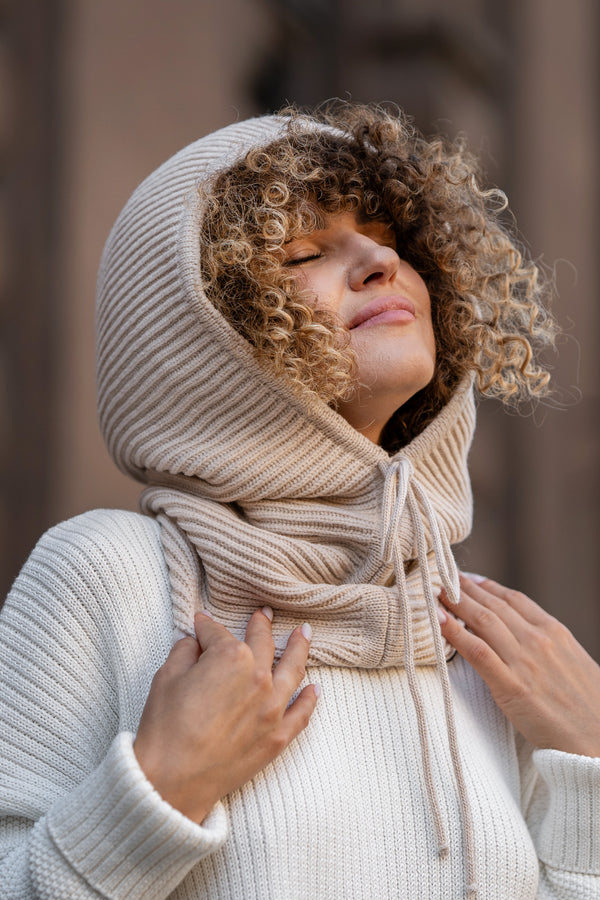 Women's Knit Merino Hood Balaclava in Beige