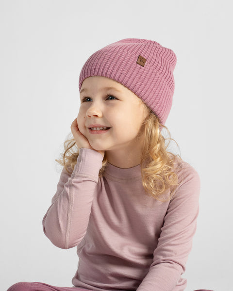 Kids' 100% Merino Wool Ribbed Knit Beanie Hat
