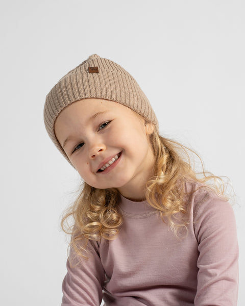 Kids' 100% Merino Wool Ribbed Knit Beanie Hat