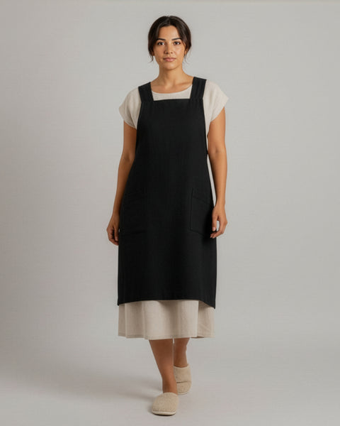 A woman in a minimalist studio wearing a black linen Japanese-style apron with front pockets, paired with a cream dress and slippers.