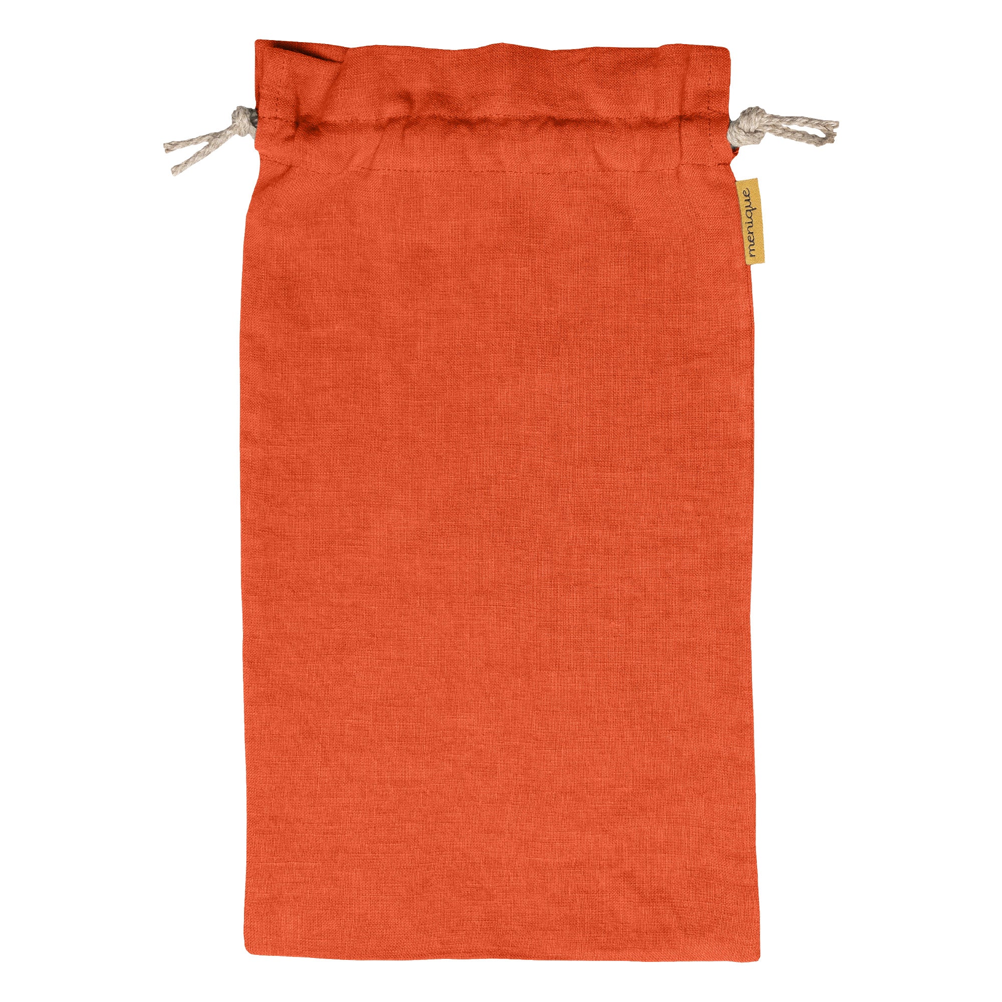 Reusable Linen Bread & Baguette Bag in Cinnamon Red color on a blanket and a wooden board.