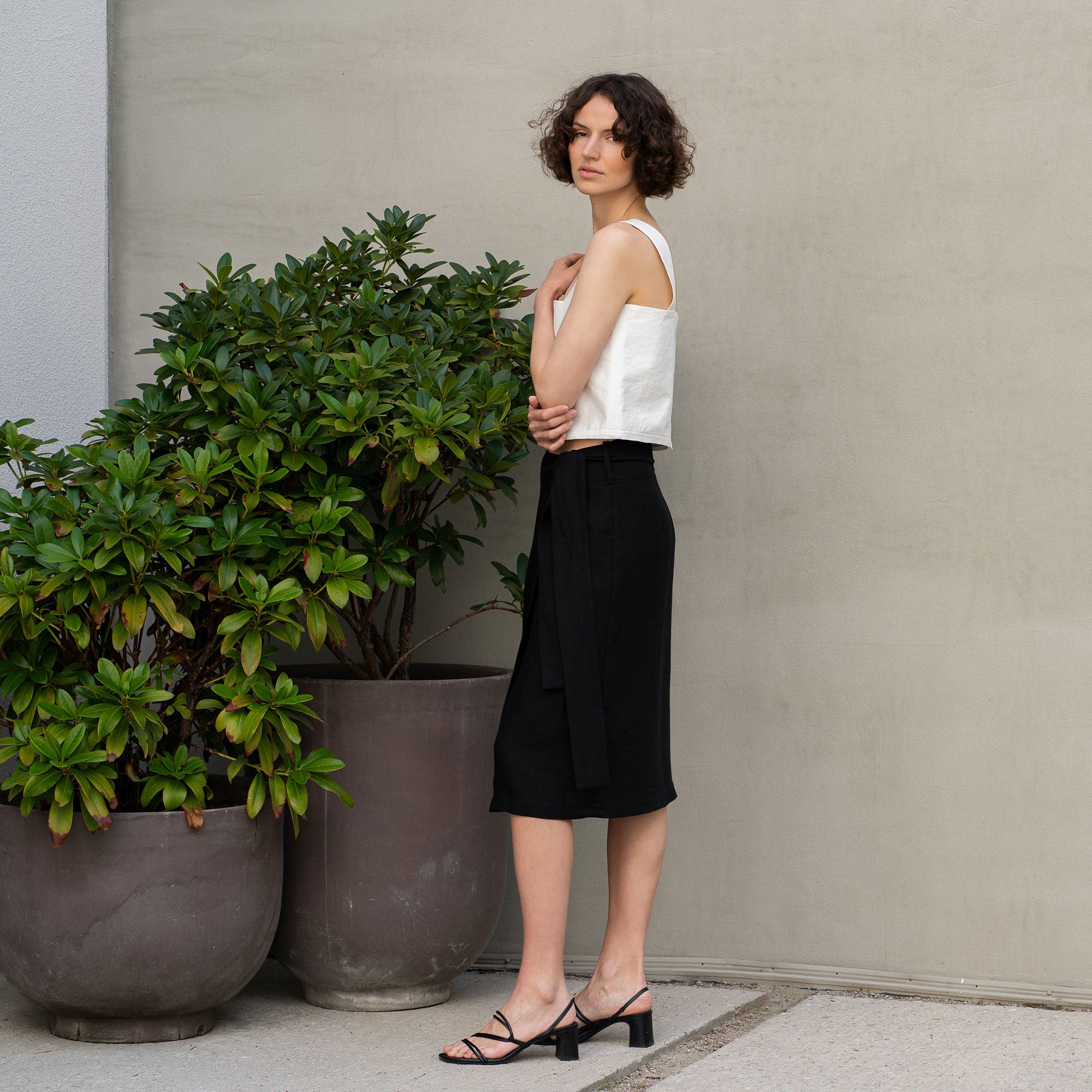 Linen Midi Wrap Pencil Skirt Everly Pure Black Color