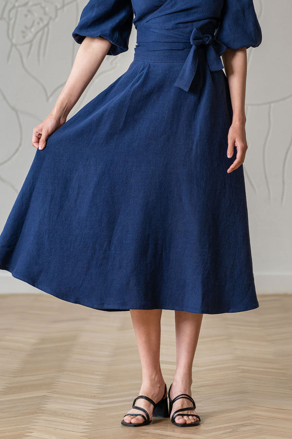 Linen Midi Flowy Skirt Evelyn Storm Blue