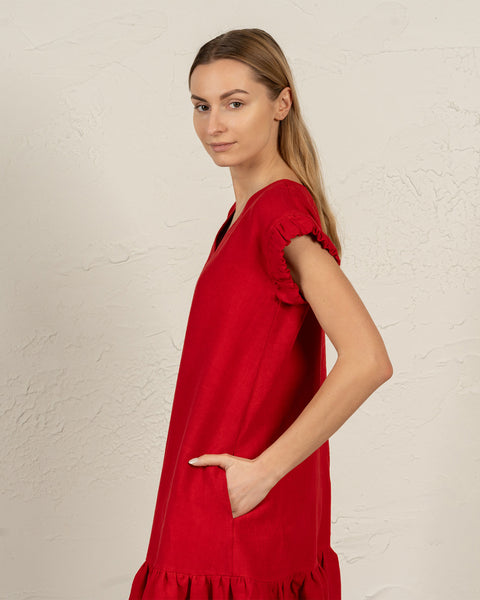 Linen Dress with Ruffles Victoria in pure red