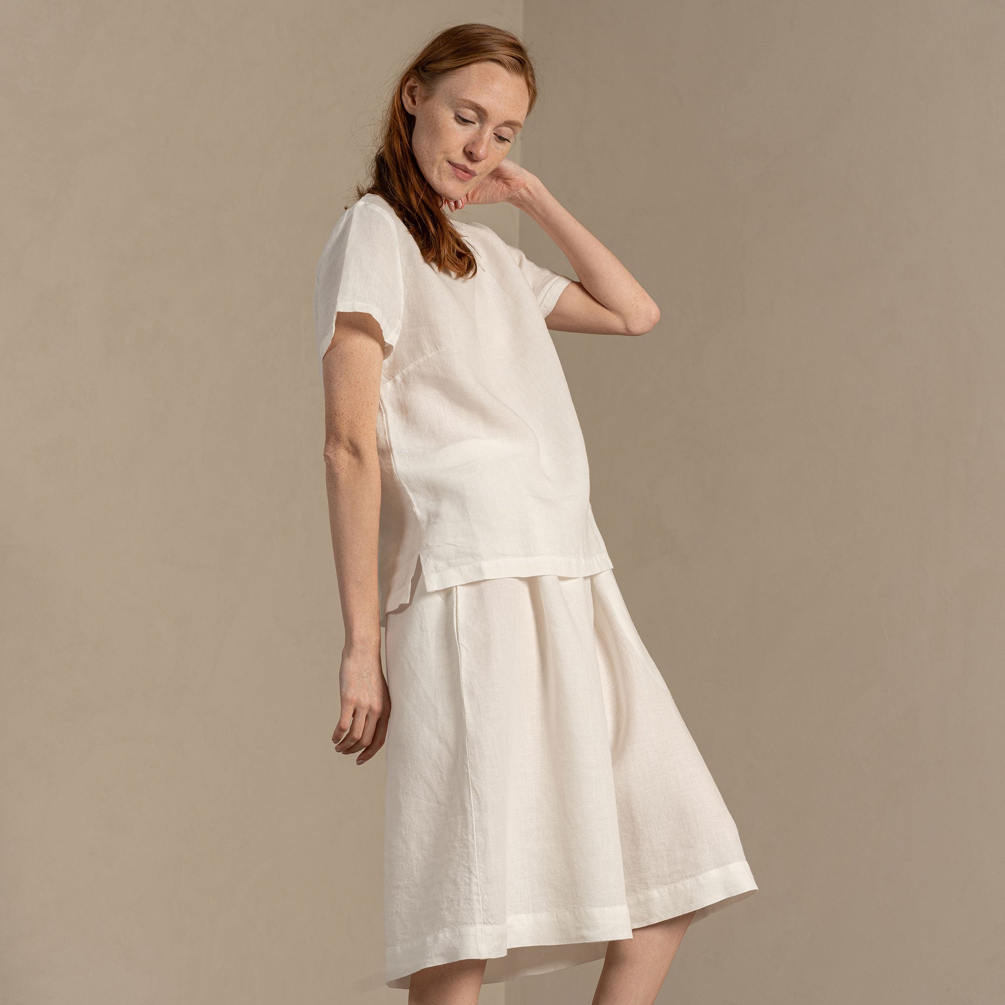 Linen Midi Skirt Sophia matched with Linen Short Sleeve Top Emma in Pure White color