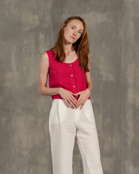Linen Button Front Crop Top Monica hot pink