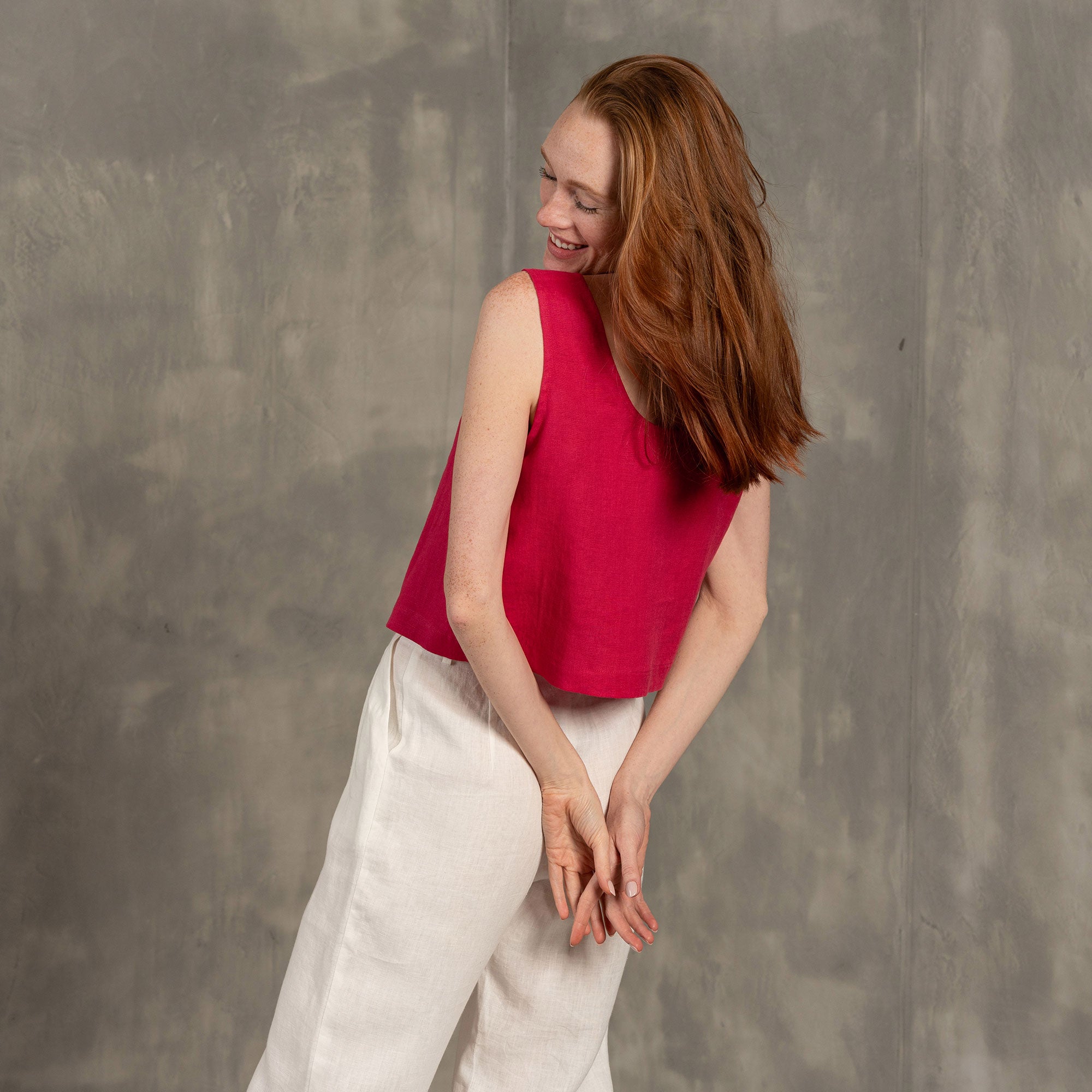 Linen Button Front Crop Top Monica hot pink