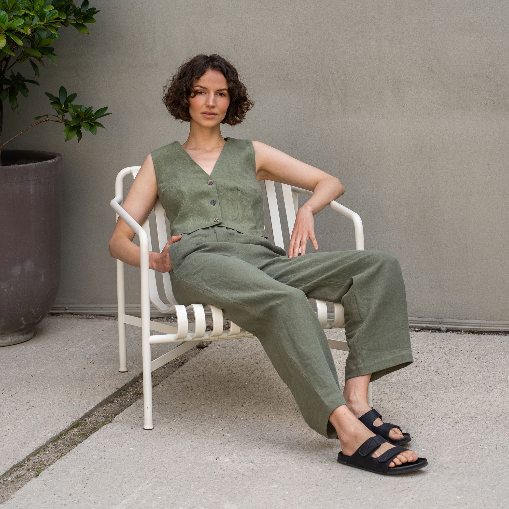 Linen Vest Ava in stone green color and linen pants