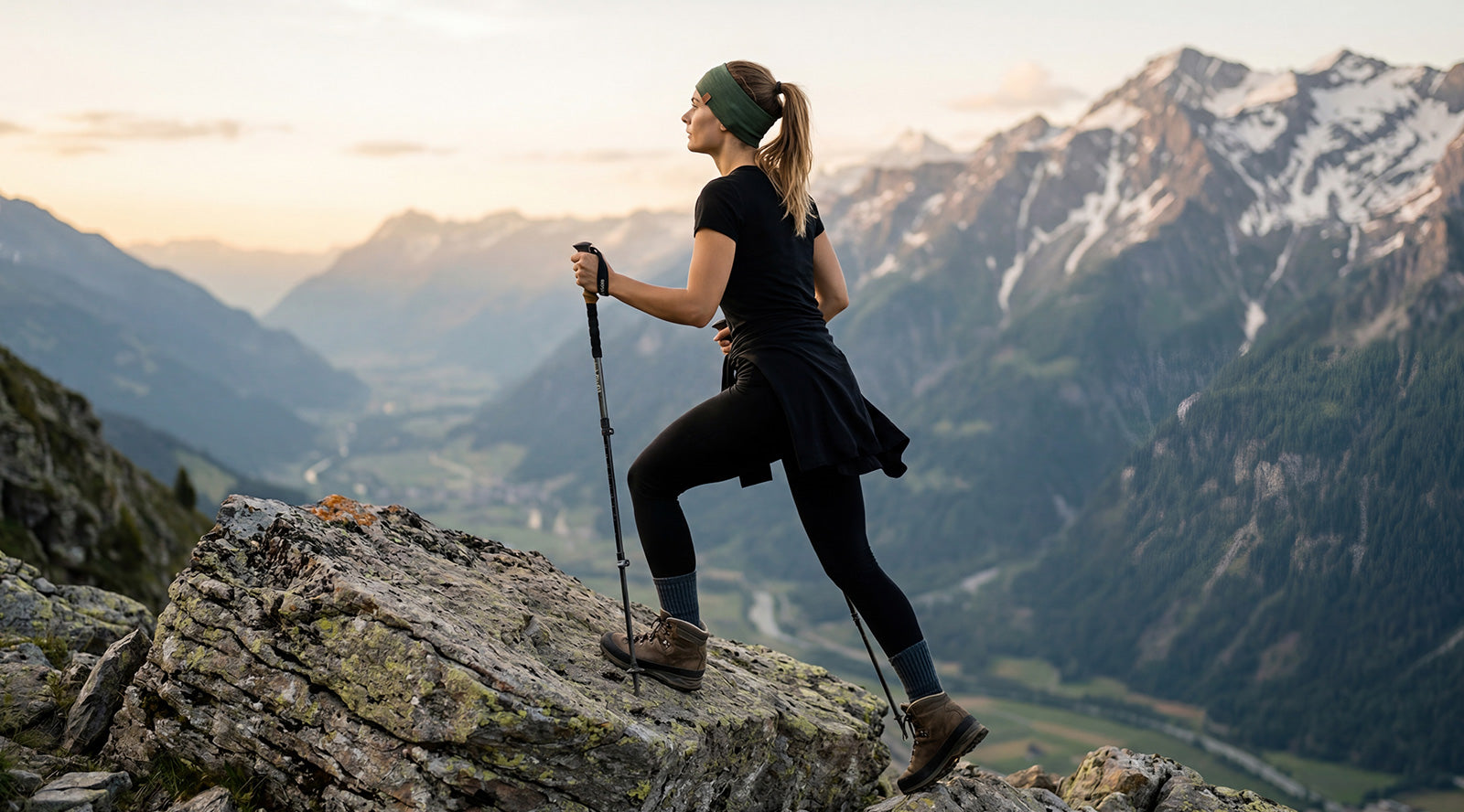 A person hiking up a rugged mountain trail using trekking poles, set against a backdrop of distant peaks and a warm sunset sky.
