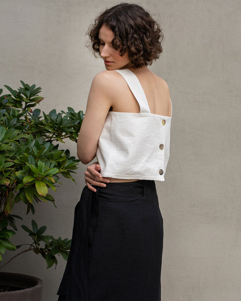 Linen Pinafore Crop Top with Back Buttons Pure White