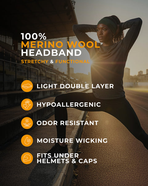 Person stretching outdoors with text about a merino wool headband&#39;s features.