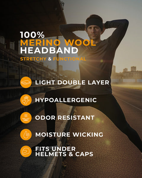 Person stretching outdoors with text about a merino wool headband&#39;s features.