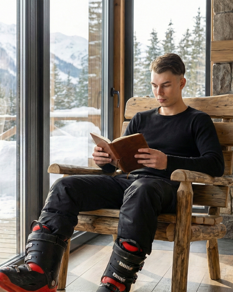 Man relaxing in a wooden chair wearing black merino wool long sleeve top, reading a book in a winter cabin.