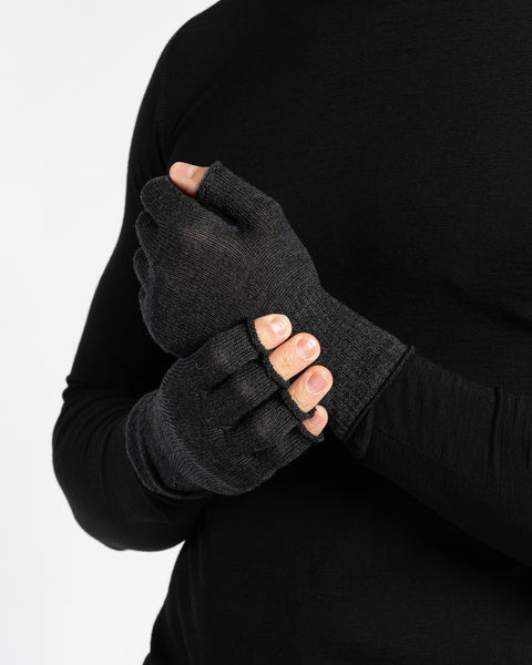 A person wearing a black long-sleeved shirt is shown from the chest up, putting on black fingerless gloves. The background is white.