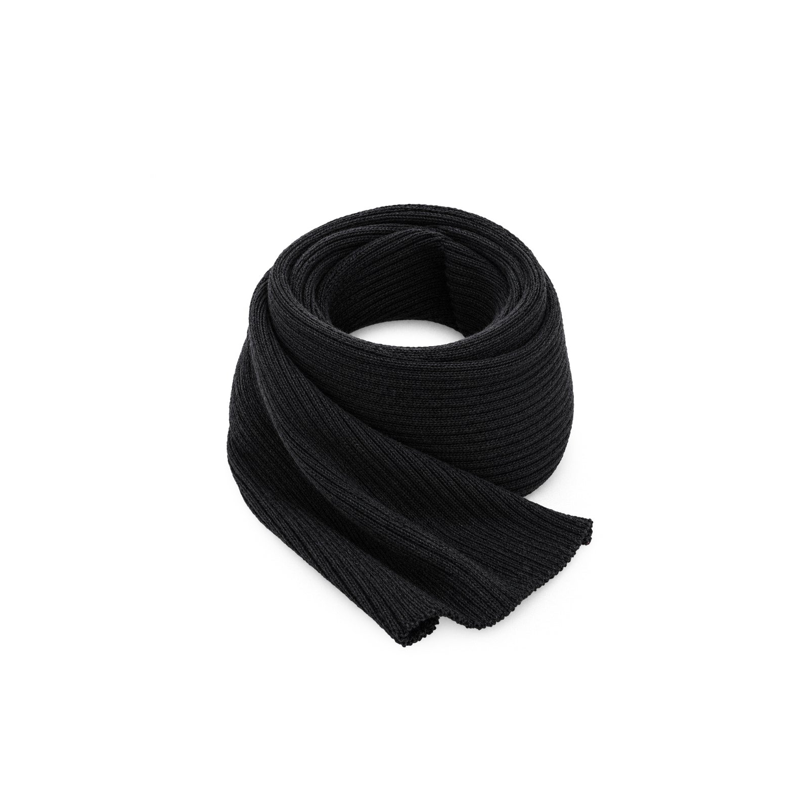 A navy blue ribbed knit scarf neatly rolled into a loose coil, displayed against a plain white background.