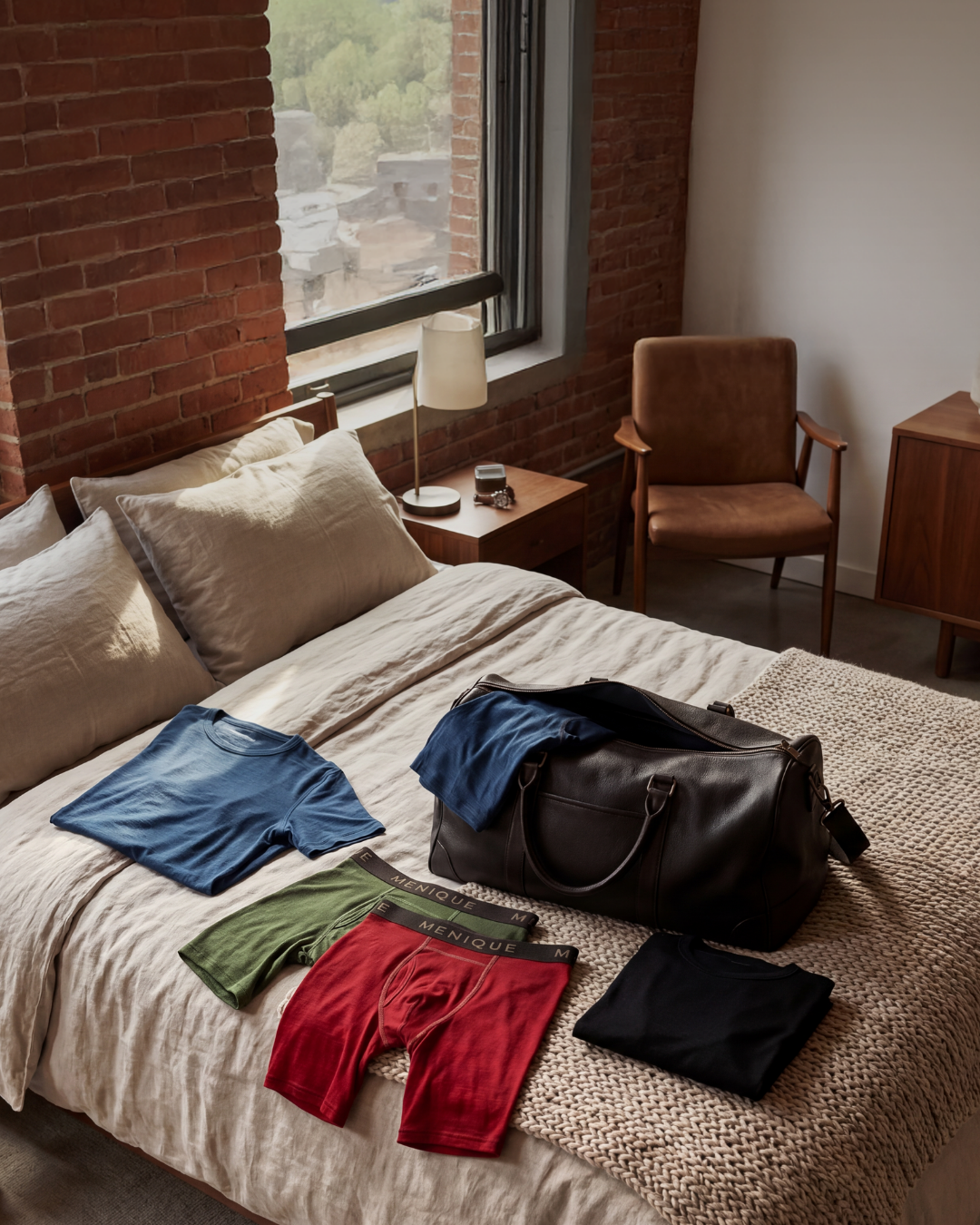 A bedroom scene showing an open, dark brown leather duffel bag resting on a light-colored textured bedspread. Neatly laid out around the bag are packing items including a folded blue t-shirt, a folded black shirt, and two pairs of Menique brand boxer briefs in olive green and deep red. Another blue garment is partially tucked into the open bag. The room features an exposed brick wall with a large window, a wooden nightstand with a lamp, and a brown leather armchair.