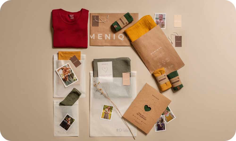 Collection of clothing and accessories on a beige surface with 'MENIQ' branding.