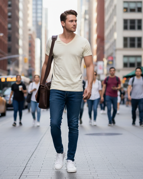 A man walking confidently down a busy city street in a cream-colored V-neck T-shirt, blue jeans, and white sneakers, carrying a brown shoulder bag.