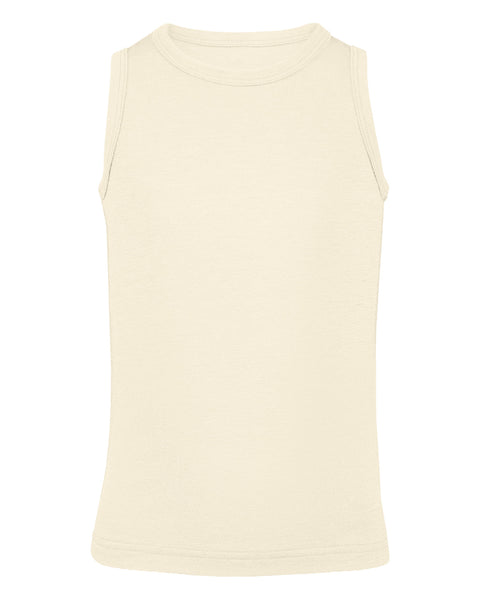 A product shot of a plain natural-colored (off-white) children's sleeveless tank top laid flat against a plain white background.