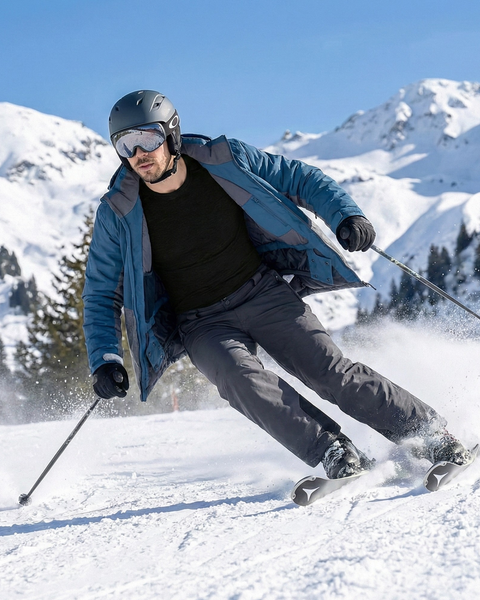 Man skiing on a sunlit mountain slope wearing a black merino wool base layer set under winter ski gear, demonstrating warmth and freedom of movement.