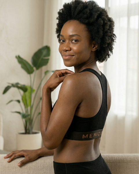 Woman wearing a black merino wool sports bra, side view